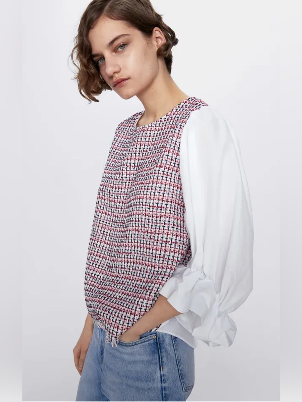 ZARA Contrast Tweed Blouse, with a layered 2-in-1 design. Sz SMALL